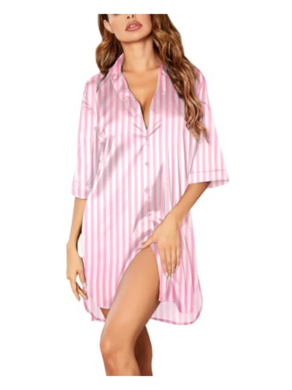 Satin Button Down Nightshirt 3/4 Sleeve Boyfriend Nightgown Sleepwear